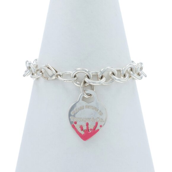 Tiffany & Co Return to Tiffany Pink Splash Heart Charm Bracelet 7" Ster 925 Love - Picture 1 of 6